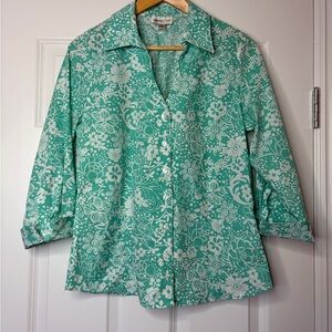 Coldwater Creek Aqua Green and White 100% Cotton Floral Button Down Shirt Size M